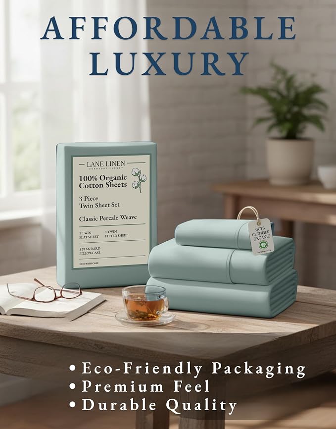LANE LINEN Twin Bed Sheet Set 100% Organic Cotton Percale 3pc - French Blue | GOTS Certified Organic Cotton Percale Twin Sheet Set - For Hot Sleepers, All-Season Comfort, For Dorm & Guest Rooms