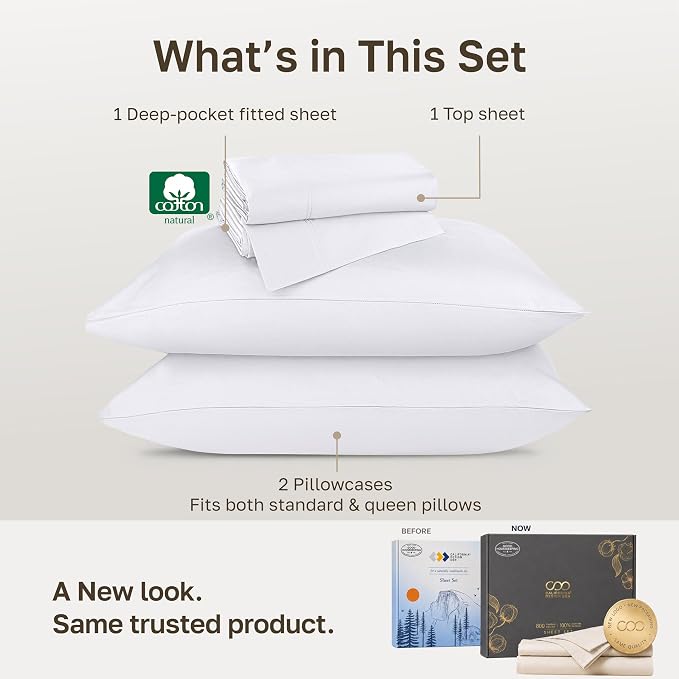 California Design Den Luxury 800 Thread Count Full Size Sheets Set, White | 100% Cotton Sateen Backed by Good Housekeeping Seal - Soft & Thick, 16" Deep Pocket, All-Around Elastic, Durable, Easy Care