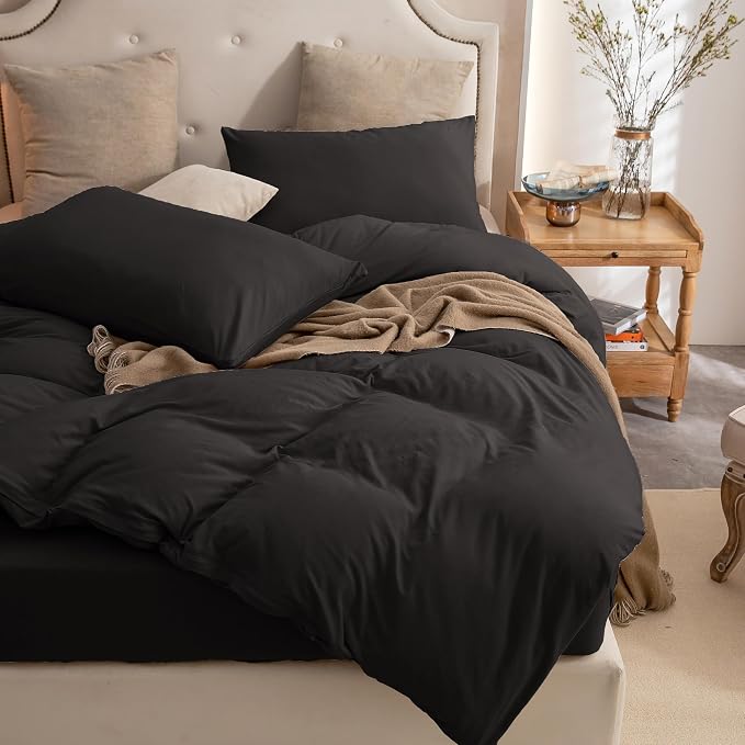 PURE ERA Jersey Knit Sheet Set Solid Black King | 100% Cotton, 3 Piece Set, T Shirt Soft, Breathable, Envelope Closure Pillowcases, Hidden Zipper, 8 Ties, No Insert, Modern