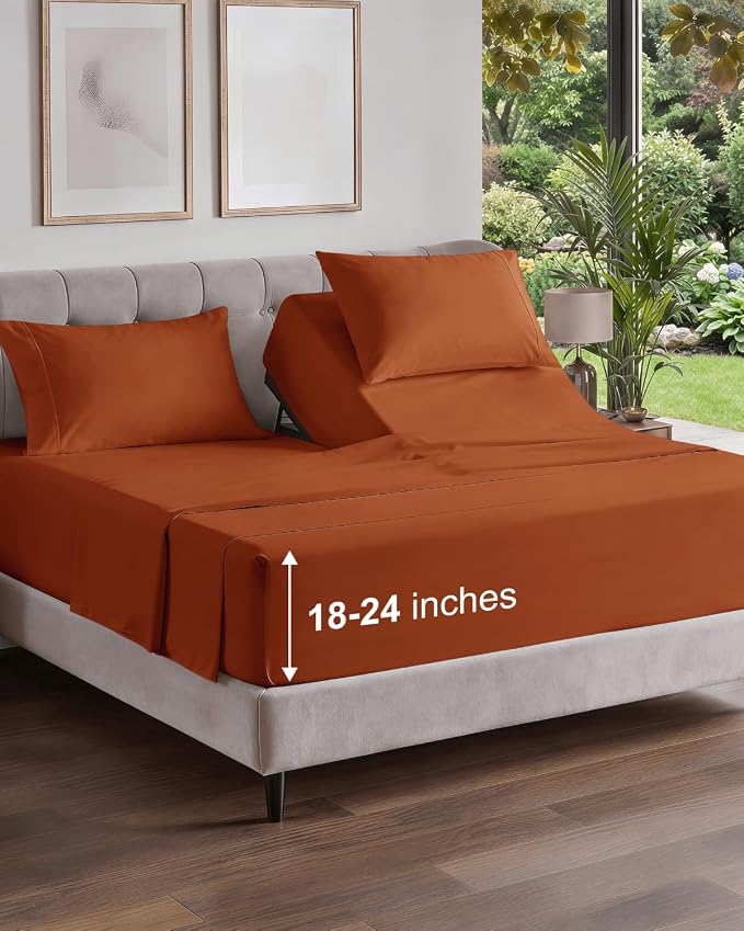 Flex Top Split Head King Sheet Set - 4 Piece Extra Deep Sheets - Terracotta | Easily Fits 18 to 24 inch Mattress, Ultra Soft, Wrinkle & Fade Free with Extra Deep Pockets, Comfy Hotel Luxury Bedding