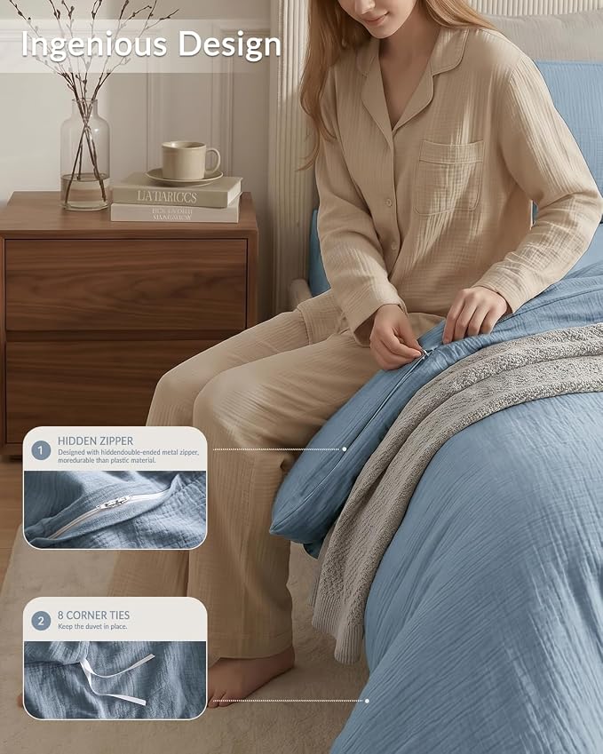 SE SOFTEXLY Muslin Duvet Cover King Size, 100% Washed Cotton Duvet Cover Set, Ultra Soft Comforter Cover Linen Like, 3 Pieces Minimalist Gauze Duvet Cover with 2 Pillowcases, 90"x104", Blue