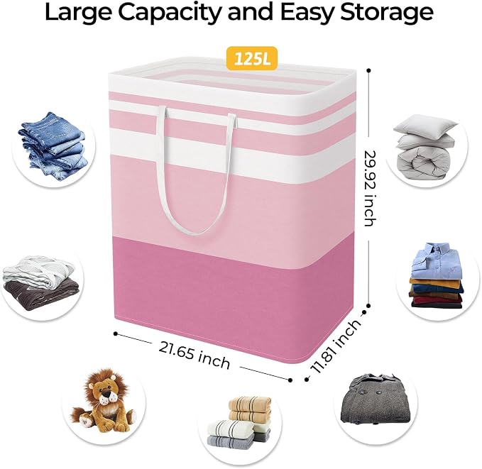 HomeHacks 2 Pack Laundry Baskets, Laundry Hampers Bags (Grey+Pink 125L) | Waterproof, Freestanding, Collapsible Clothes Hamper with Reinforced Handles in Laundry Room, Dorm, Bathroom, Bedroom