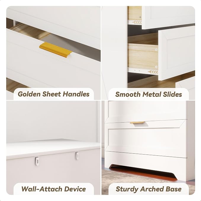 FTZxHKLX White 4 Drawer Dresser for Bedroom, Modern Chest of Drawers | Tall Bedroom Dresser with Large Drawer, Wooden Storage Dresser, Chest of Drawer for Closet, Living Room, Hallway, Nursery