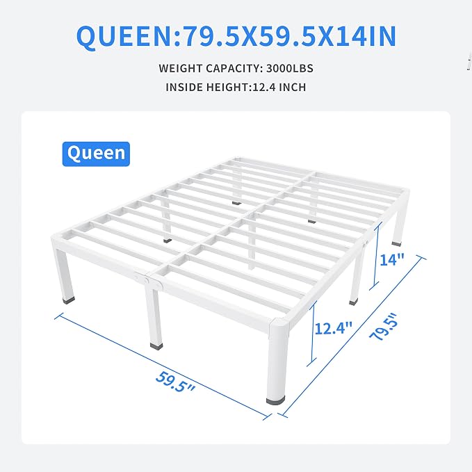 MAF 14 Inch Queen Metal Platform Bed Frame White with Round Corner Legs | Mattress Baffle, 3000 LBS Heavy Duty Steel Slat Support, Noise Free, No Box Spring Needed, Easy Assembly, 12.4" Storage Space