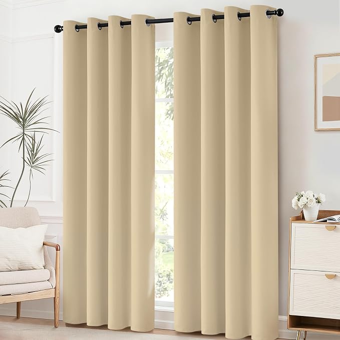 Yakamok Room Darkening Curtains 52x96 inch Length Beige-Living Room | 2 panels,grommet blackout window treatment,thermal insulated,light blocking drapes,privacy protection,bedroom dining room