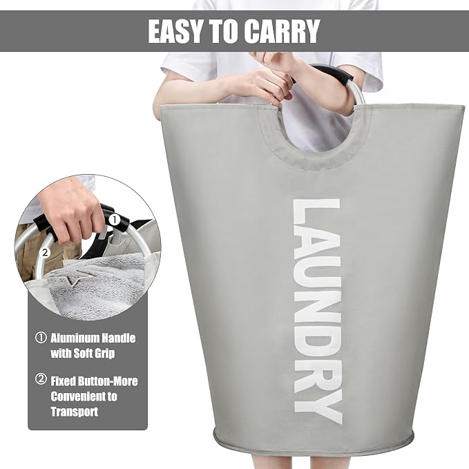 DOKEHOM 125L X-Large Collapsible Washing Laundry Basket Bag (7 Colors) for Bedroom, Fabric (Grey, XL) | Freestanding tall washing bin & foldable laundry bag. Extra large clothes storage basket with durable sturdy handles