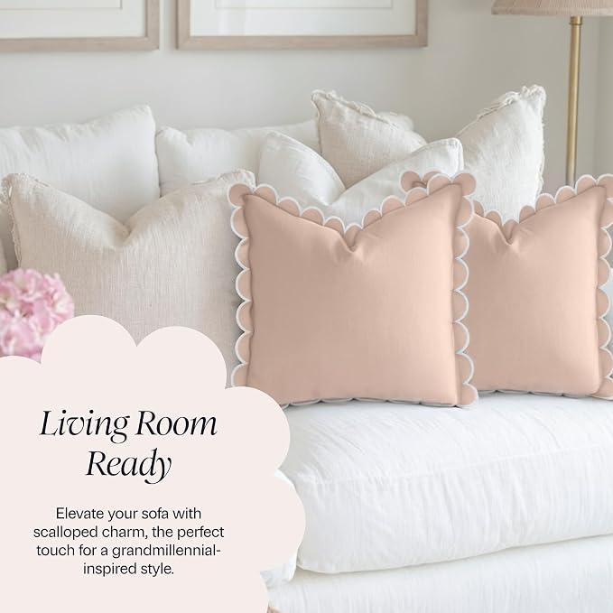 BEBE BASK Scalloped Pillow Cover Set of 2, 18x18, 100% Cotton - Peach Pink | 100% Cotton, Scallop Pillow Covers, Grandmillennial Style, 18 by 18 Inch, Easy to Care, Machine Washable, Scalloped Pillows