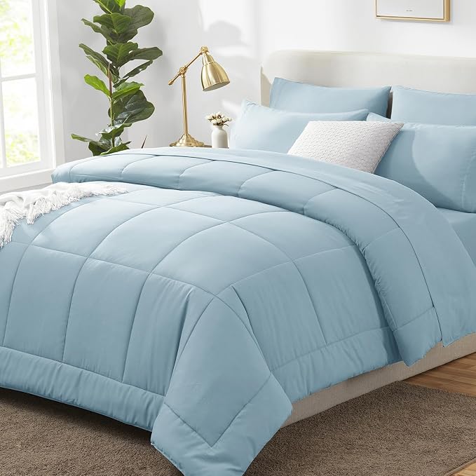 King Size Comforter Set Light Blue - 7 Pieces Bed in a Bag | OEKO-TEX Certified, All-Season, Bedroom, Guest Room, Down-Alternative Comforter + Flat & Fitted Sheets + 4 Pillowcases