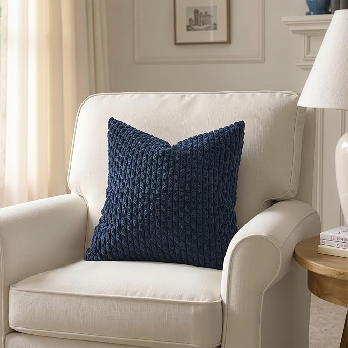 MIULEE Decorative Throw Pillow Covers 18x18 Navy Blue Textured Corduroy | Pack of 2 Striped Pillow Covers Modern Farmhouse Coastal Home Decor for Couch Bed Sofa Living Room