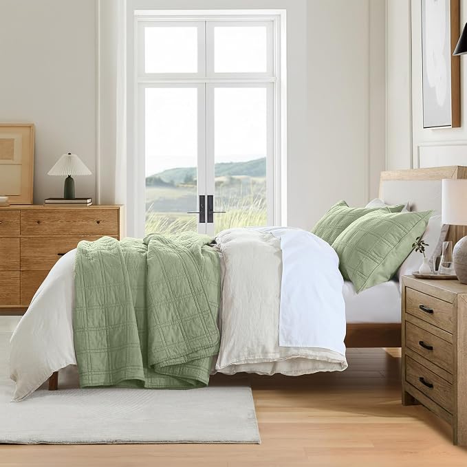 HORIMOTE HOME 100% Cotton Quilt Set King Size, Sage Green Pre-Washed Bedspreads Coverlet Set in Geometric Pattern, Cozy Lightweight Stitching Decorative Bedding Cover with 2 Shams for All Season