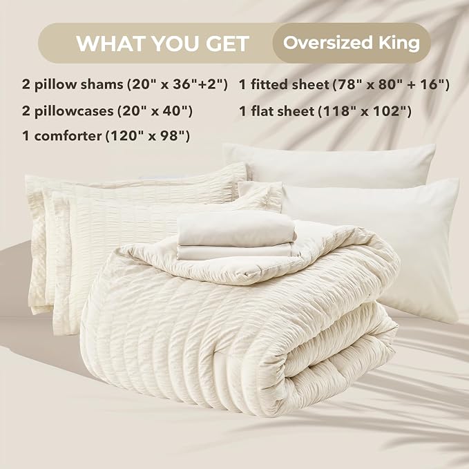 HYMOKEGE Ivory Oversized King Comforter Set Seersucker 7 Pieces, All Season Luxury Bed in a Bag for Bedroom, Bedding Set with Comforter, Sheets, Pillowcases & Shams