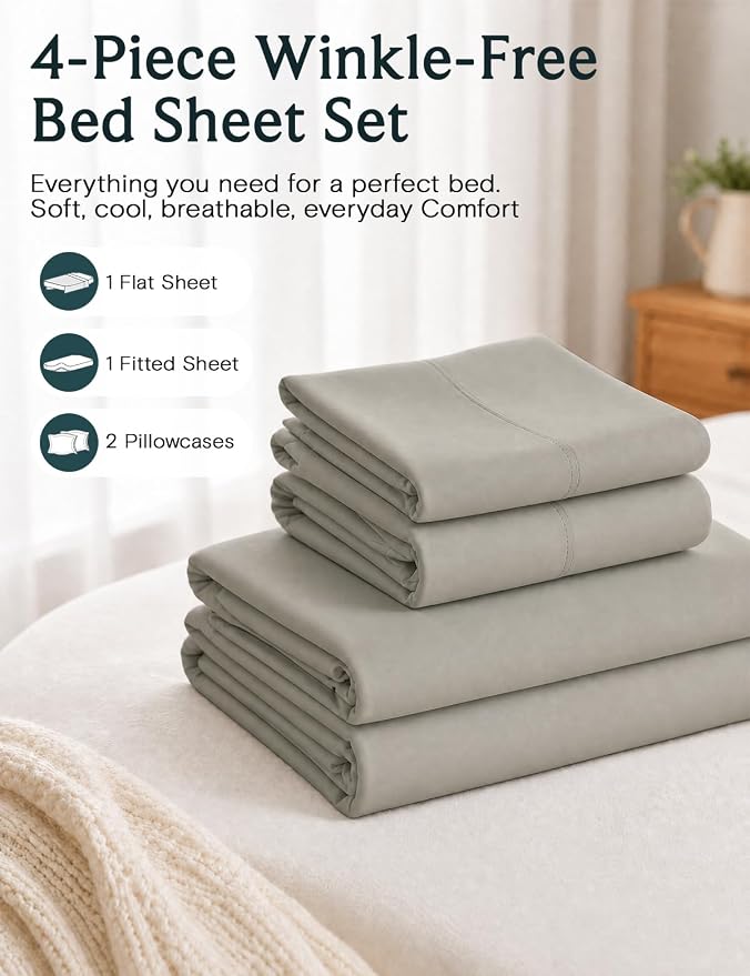 LuxClub 4 PC Queen Sheet Set, Deep Pockets Wrinkle Free Cooling Bed Sheets Hotel Bedding for Women, Men, Includes 1 Fitted Sheet, 1 Flat Sheet and 2 Pillowcases-Soft Light Taupe | LuxClub Silky Fitted Sheet & Pillowcase Sets, Breathable Hotel Luxury Be...