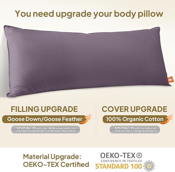 Goose Down Body Pillows for Adults, Large Body Pillow for Side Sleeper, Hugging Feather Body Pillow Insert, Cooling Full Length Long Pillow for Bed with 100% Organic Cotton Shell, 20"x60" Blackcurrant