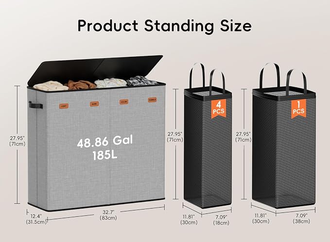 Laundry Hamper 4-Section with Lid, 185L Laundry Sorter with 4 Removable Bags + 1 Extra Large Bag, Switchable 3/4 Compartment, Laundry Basket Organizer for Bedroom, Laundry Room，Grey