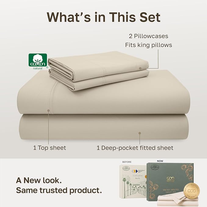 California Design Den 600 Thread Count Bed Sheets California King Size Set | 100% Cotton Sateen Backed by Good Housekeeping Seal, Soft & Smooth, 16" Deep Pocket, All-Around Elastic, Durable - Beige