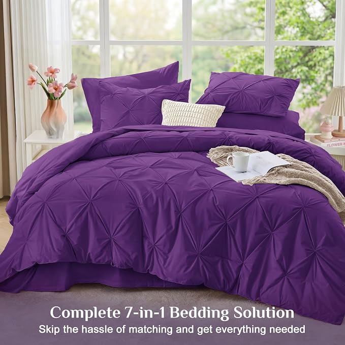 JOLLYVOGUE Queen Comforter Set 7 Pieces - Bed in a Bag Queen for All Season, Pintuck Bedding Comforter Sets with Comforter, Flat Sheet, Fitted Sheet and Pillowcases & Shams, Purple