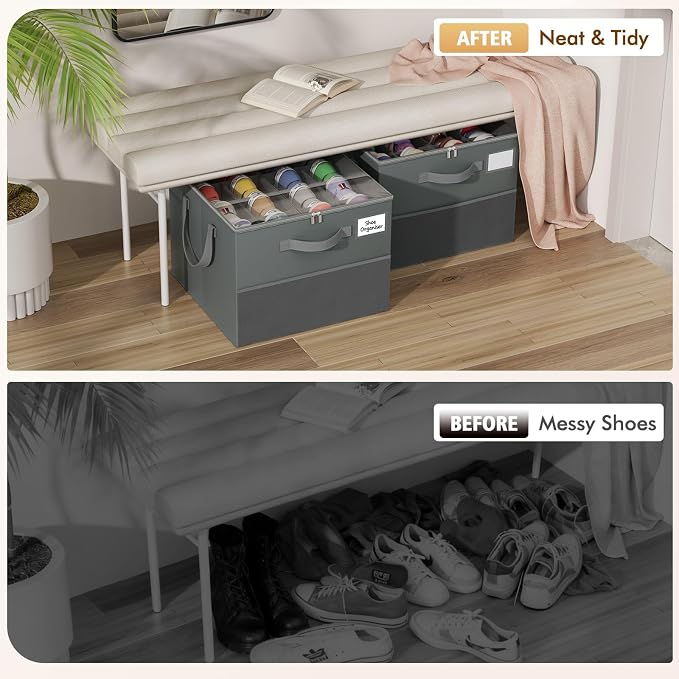 Large Reinforced Shoe Organizer for Closet with Adjustable Dividers, Gray | Customizable Compartments for Sneakers, Boots, Heels, Sandals, Clothes, Towels and Toys, Versatile Cube Storage Organizer