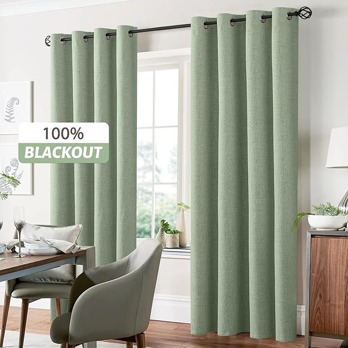 Yakamok 90 Inch Light Sage Green Linen Texture Curtains for Living Room | 100% Blackout Curtains,Room Darkening Curtains,Thermal Grommet Bedroom Curtain 2 Panels with Greyish White Liner,52W x 90L