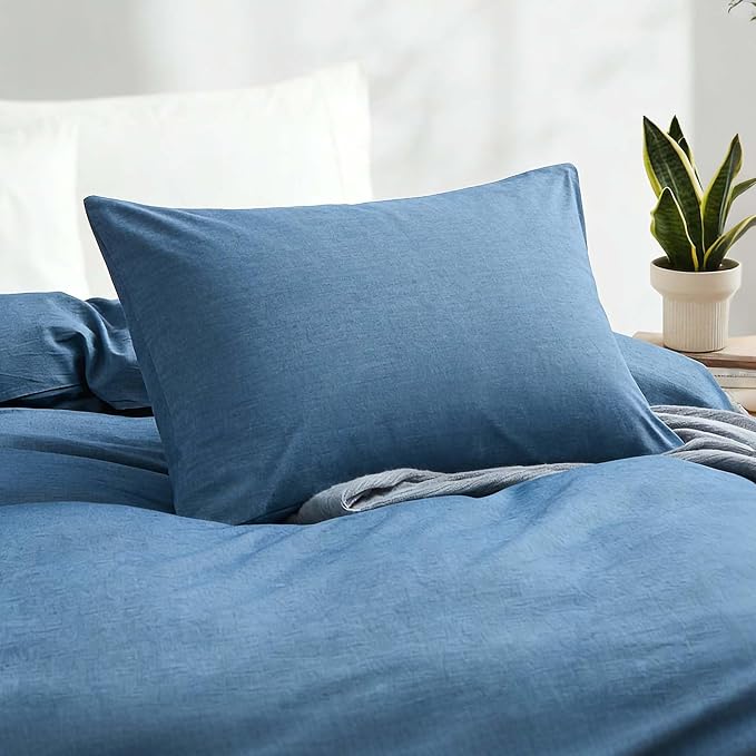 LOVQUE 100% Washed Cotton Duvet Cover, Denim Blue, Twin Size, 68x90 Inches | Breathable, Linen-like, Natural Bedding Set with Zipper Closure, Corner Ties, 1 Cover + 1 Pillowcase, No Comforter