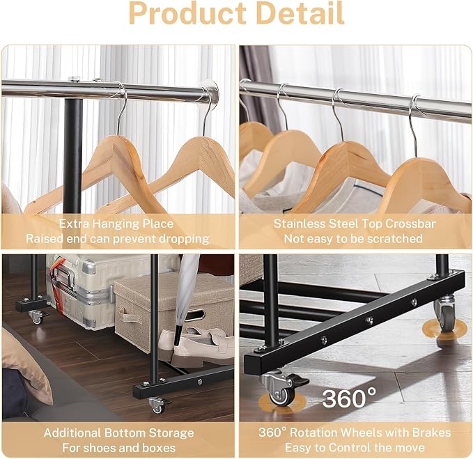 VICERII Clothes Rack, Double Clothing Rack with Wheels and Extra Wide Bottom Shelf, 52.36’’ Heavy Duty Garment Racks for Hanging Clothes, Coats, Shirts, Skirts, Dresses, 130LB Capacity, Black