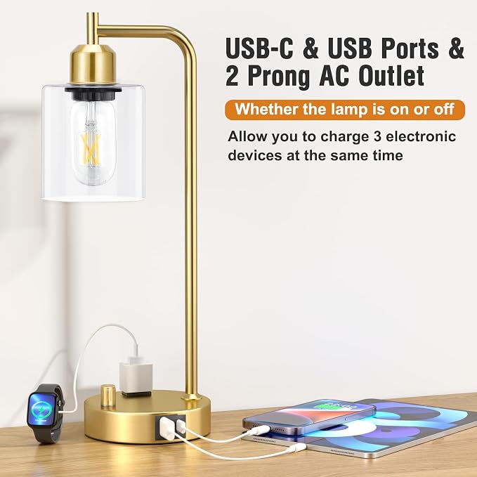 Innqoo Industrial Table Lamp for Bedroom Set of 2 - Fully Dimmable Bedside Lamps with USB Ports and Outlet, Gold Nightstand Lamps with Clear Glass Shade for Living Room, Desk Lamps for Office Reading