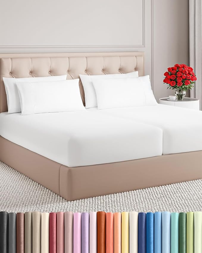Split King 7 Piece Bed Sheet Set - Comfy, Breathable & Cooling - White | Ultra-Soft Hotel Luxury Bedding Set w/ 8-16 Inch Deep Pockets, 1 Flat & 2 Fitted Sheet & 4 Pillowcases, Wrinkle & Fade Free