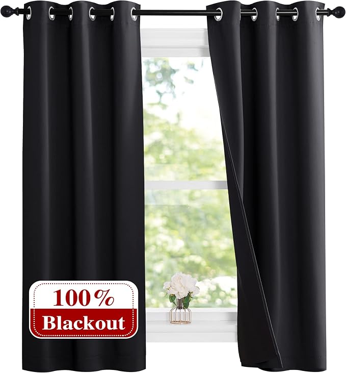NICETOWN Black Blackout Curtains for Kids Room 37" Wide x 60" Long 2 Panels | Complete 100% Blackout Thermal Insulated Energy Efficiency Window Draperies with Black Liner, Noise Reducing Short Curtains
