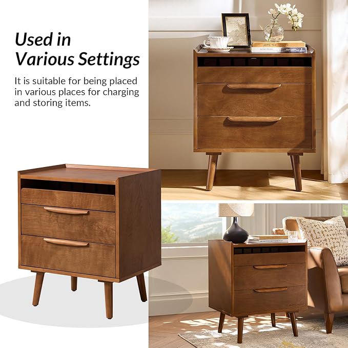 HULALA HOME 2-Drawer End Table with Charge Station, Set of 2 Acorn | Mid-Century Modern Style, Pull-Out Shelf, Wood Legs, Cable Management