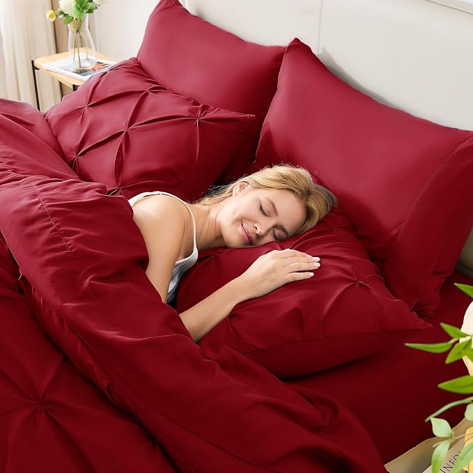 HIMEET Queen Comforter Set Deep Red - 7 Pieces Pintuck Bed in a Bag | OEKO-TEX Certified, 240GSM Down Alternative Comforter, 14" Deep Pocket Fitted Sheet + Flat Sheet + 2 Pillowcases + 2 Shams