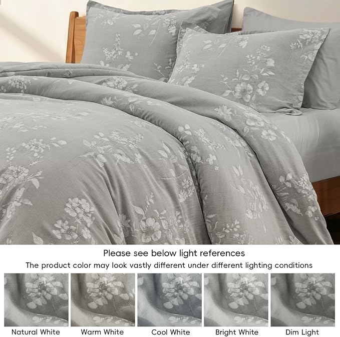 PHF Stone-Washed 100% Cotton Duvet Cover Queen Size, 90"x90", Formal Grey | Elegant Floral Jacquard Woven, Ultra Soft Breathable All Season Bedding Set for Adults, 3pcs with 2 Pillow Shams, No Filling