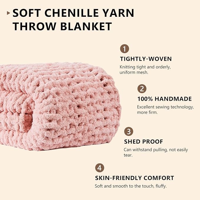 L'AGRATY Chunky Knit Throw Blanket for Couch, 72'' x 84'' Knit Throw, Pink | Handmade Chenille Crochet Blanket for Sofa Bed, Thick Cable Knitted Blankets for Room Home Decor, Birthday Gift for Women Mom