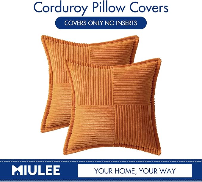 MIULEE Fall Burnt Orange Decorative Throw Pillow Covers 16x16 Inch 2 Pack | Boho Broadside Striped Patchwork Pillow Covers, Soft Corduroy Cushion Cases, For Couch Sofa Bed Livingroom Home Decor