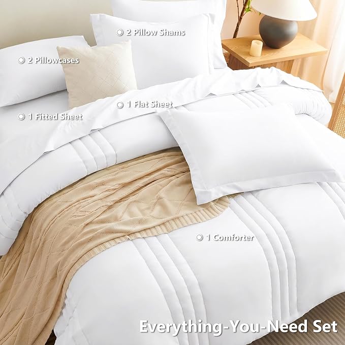 Queen Comforter Set White - 7 Pieces Vertical Quilted Bed in a Bag | OEKO-TEX Certified, 240GSM Down-Alternative Comforter, 14" Deep-Pocket Sheets, Shams & Pillowcases, Lightweight