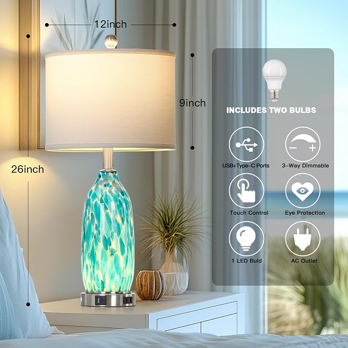 Rinweey 26" Peacock Green Glass Table Lamp for Bedroom Living Room,Coastal Nautical Bedside Lamps with USB Ports & AC Outlet,Touch Lamps with Night Light,Single Peacock Green
