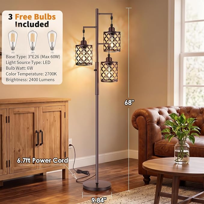72" Industrial Tree Floor Lamp, Dimmable Farmhouse Tall Stand Light with Metal Cages & Rotary Dimmer Knob, Corner Decor Lighting for Living Room Bedroom Cafe, 3 x 800LM Bulbs Included-Brown