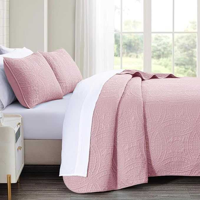 akkialla 118"x106" Pink California King Quilt Set, Oversized Floor-Length Bedspread, Modern Coin Pattern Microfiber Coverlet, 3-Piece All Season Bedding with 2 Pillow Shams