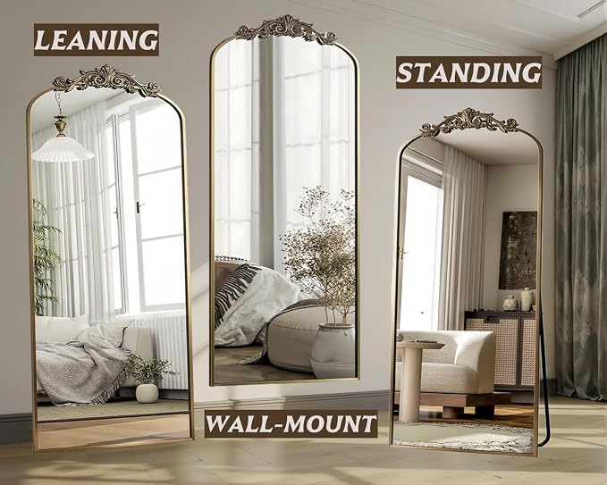 Dewfig Arched Full Length Mirror, 71"x28" Floor Mirror with Carved, Bronze | Antique Full Body Mirror, HD Shatterproof Tempered Glass, Lean/Stand/Wall for Bedroom, Living Room, Cloakroom, Home Decor
