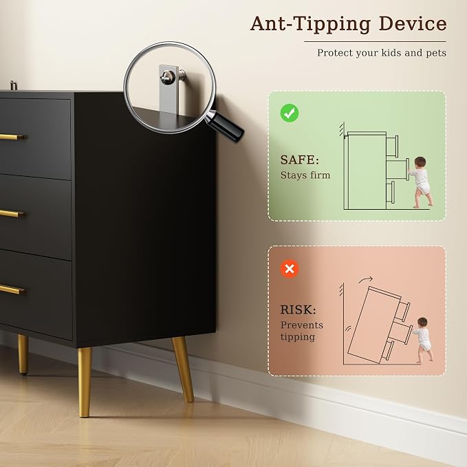 Black 6 Drawer Dresser for Bedroom, 47" Wood Dresser with Gold Handles. | Modern Dressers & Chests of Drawers for Living Room, Hallway, Entryway.