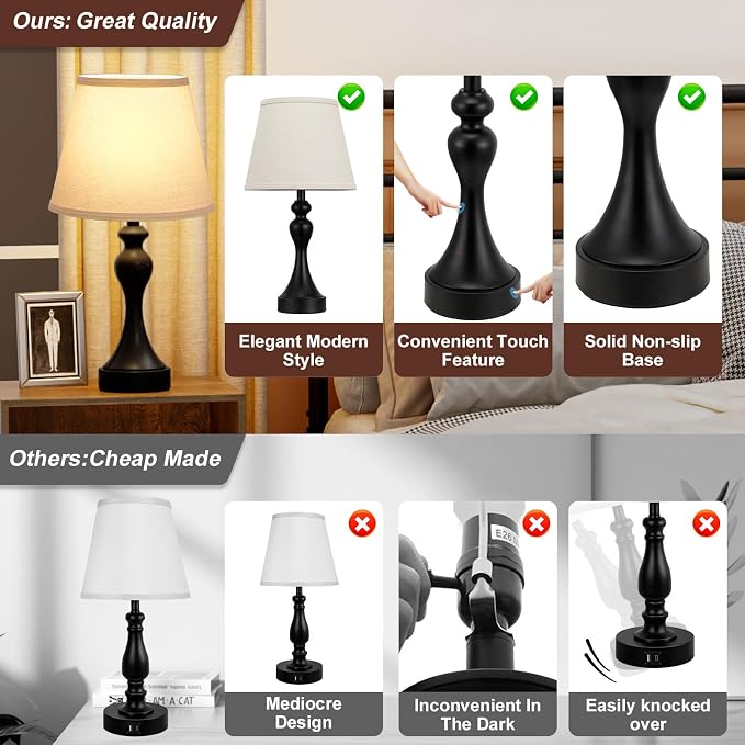 Touch Lamps for Nightstand, 3 Way Dimmable Bedside Lamps with USB C+A Ports | Touch Control, LED Bulb Included, Small Black Table Lamp for Bedroom, Night Stands, End Table, Gift，Corded