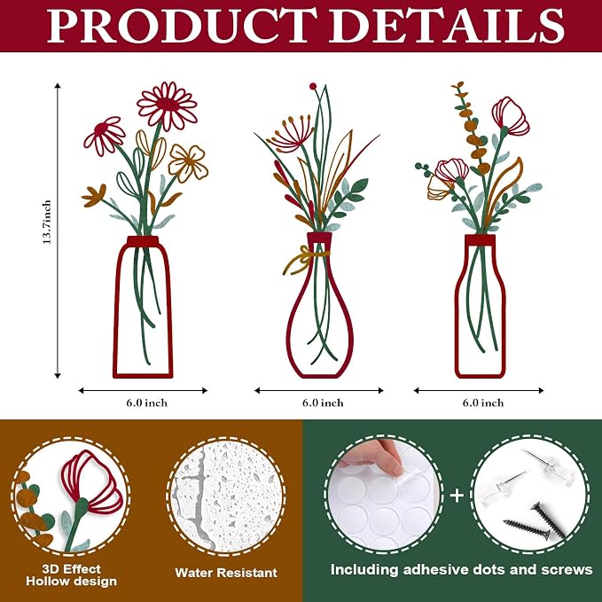 Pigort 3 Pieces Metal Vase Flowers Wall Arts - Rustic Farmhouse Style Décor Metal Wall Art Black Minimalist Flower Natural Themed Wall Decors for Home Bedroom Dining Room Housewarming (Red, Vase-C)