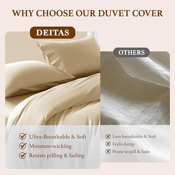 DEITAS 100% Cotton King Duvet Covers 3 Piece,1200 Thread Count，Beige | Luxury Egyptian Cotton Comforter Cover With Zipper Closure, Ultra Cooling Breathable, Hotel Bedding Duvet Covers