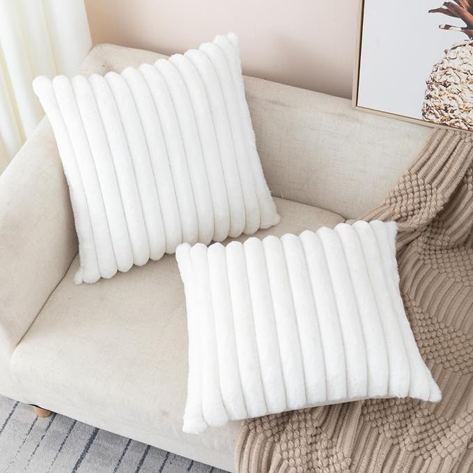 ZLINA Cream White Striped Faux Fur Throw Pillow Covers 16 x 16 Inch | 2‑Pack, boho striped pillow covers,velvet back,fuzzy plush cushion covers , for sofa bed livingroom home decor