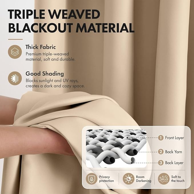 MIULEE Beige Blackout Bedroom Curtains Drapes 96 Inch Long 52"x96" | Grommet Top, Room Darkening Window Drapes, Privacy Protection, Thermal Insulated, Heat Blocking, Light Blocking