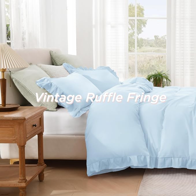 Andency Light Blue Ruffle Duvet Cover King, Shabby Chic Bedding Set | 3 Pieces Soft Washed Polyester Vintage Ruffled Comforter Cover Set with Zipper Closure & Corner Ties, 104x90Inch