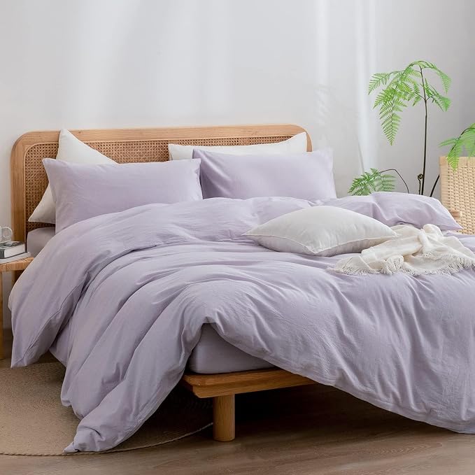 BESTOUCH Cotton Solid Duvet Cover Set Linen Feel Taro Purple Oversized Full | 100% Washed Cotton, Soft Wrinkle Texture, Hidden Zipper, 8 Ties, Breathable Lightweight Durable Comfy, 3 Pcs No Insert