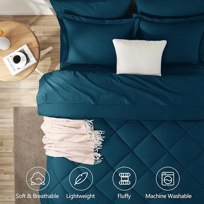 Oversized King Comforter Set Lyons Blue - 7 Pieces Bed in a Bag | OEKO-TEX Certified, All Season, 240GSM Down-Alternative Comforter, Sheets, Pillowcases & Shams, 14" Deep Pocket, Easy Care