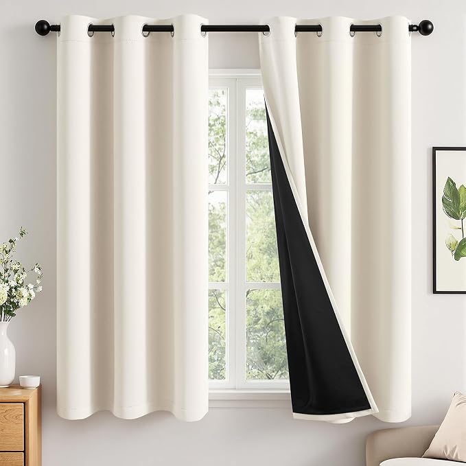 MIULEE Cream 100% Blackout Short Curtains for Bedroom 40x45 Inch Length | 2 Thick Layers Thermal Insulated, Black Liner, Noise Reducing Grommet, Drapes for Kitchen Living Room, 2 Panels