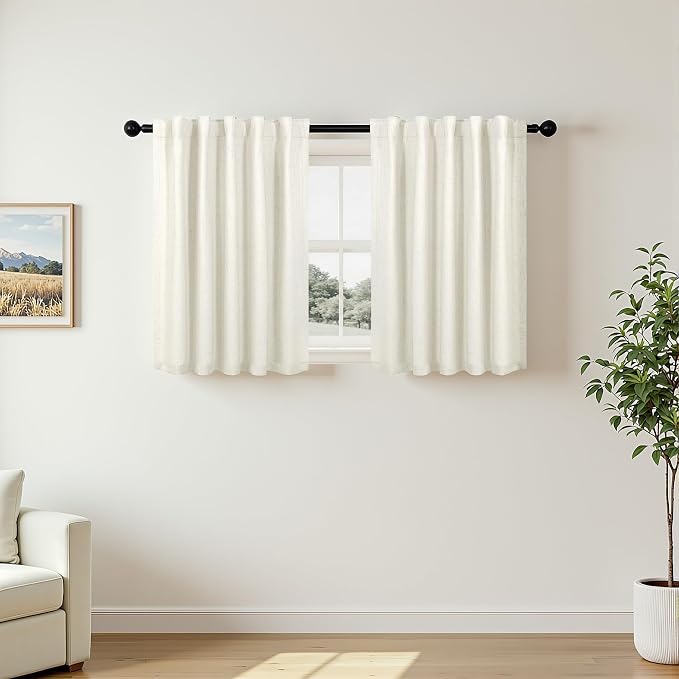 36 Inch Length Linen Blackout Curtains for Kitchen Windows Over Sink Boho Short RV Bedroom Small Curtain for Camper Room Darkening Thermal Insinuated Cafe Drapes Cream Ivory 2 Panels 42" W x 36" L