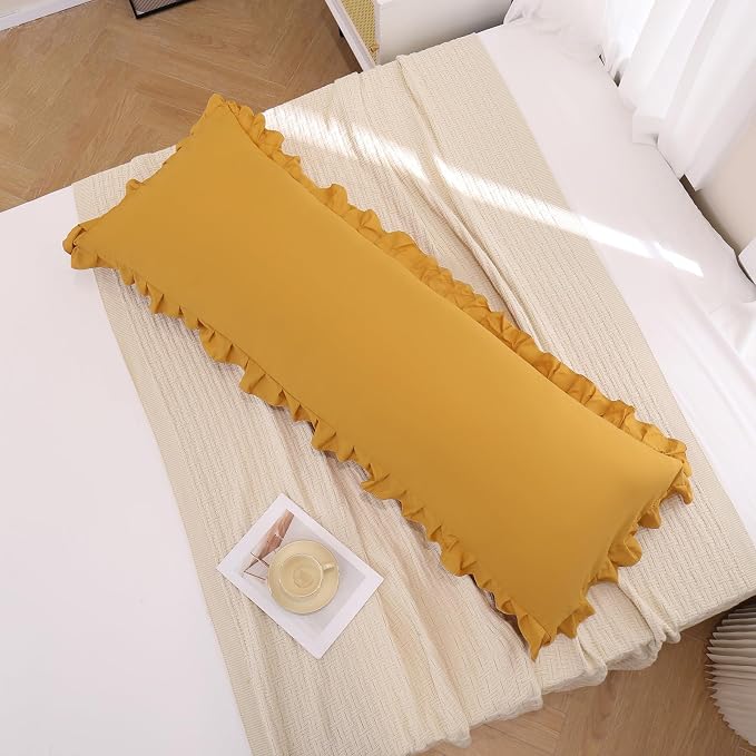 Merryword Mustard Yellow Body Pillow Cover 20x54inches Long Pillowcase Yellow Ruffled Chic Boho Pillowcases Ruffled Fringe Decor Body Ruffled Pillow Sham Cute Pillowcase (1 Body, Mustard Yellow)