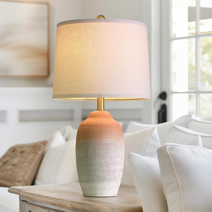 USumkky 24.5" Ceramic Table Lamp with 5FT Cord, Single Farmhouse Vintage Rustic Bedside Lamp for Living Room Bedroom Entryway, Linen Shade Nightstand End Table Decor (Bulb Not Included)-White&Brown